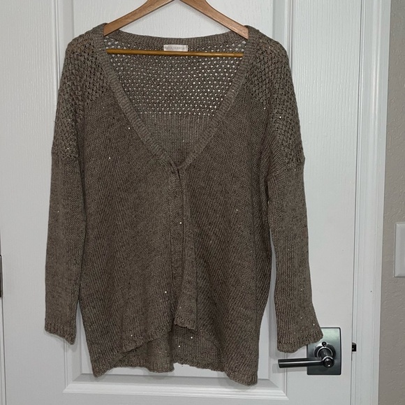 KATIA SERAFINI BRUNELLO STYLE Brown Knit Cardigan Linen Cotton Sequins Oversized - Picture 2 of 9